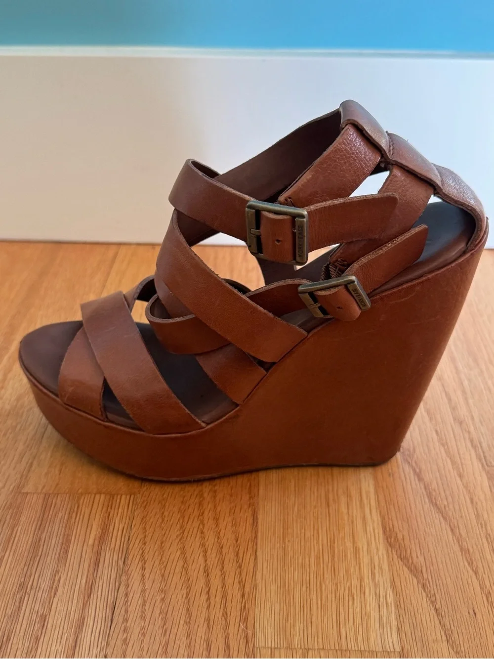 Kork-Ease Tan Brown Leather Crisscross Wedge Sandals